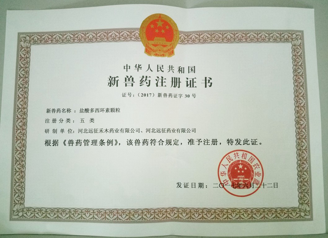 遠(yuǎn)征藥業(yè)喜獲“鹽酸多西環(huán)素顆?！毙芦F藥證書(shū)